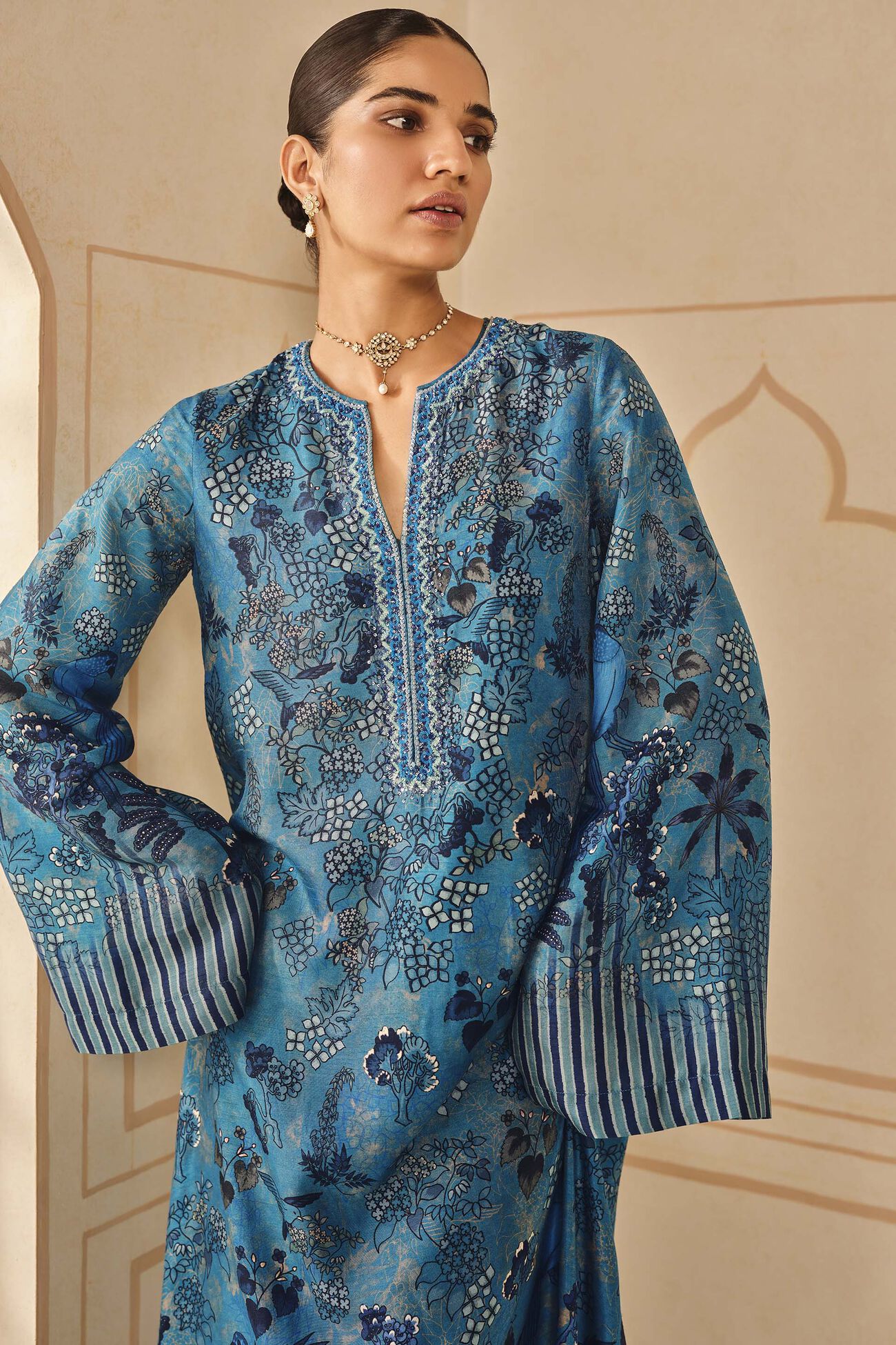 Avis Printed Silk Kaftan - Blue, Blue, image 5